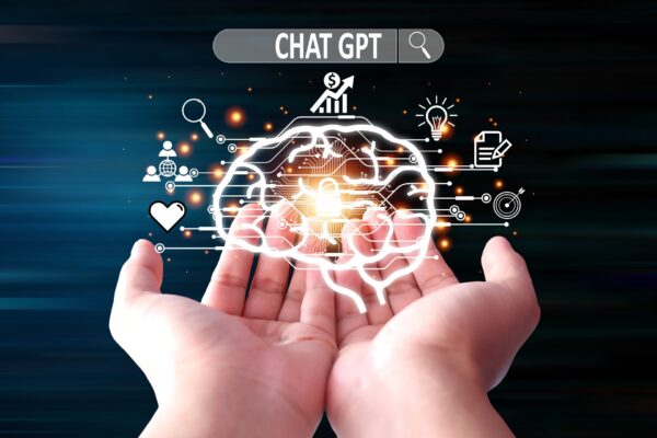 ChatGPT Chatta med AI eller artificiell intelligens Båda händerna kommer att stödja huvudikonen.